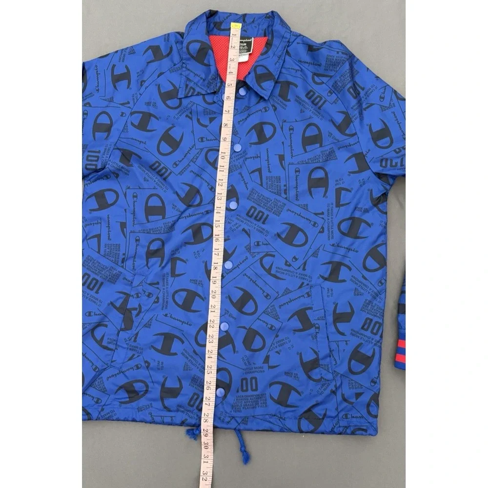 Vintage Champion Jacket Mens Medium Blue Long Sleeve Snap Logo All Over Print